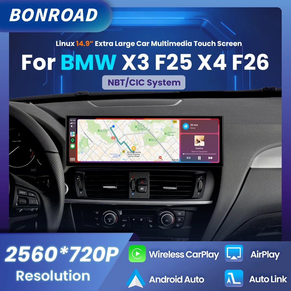 BONROAD Linux 14.9" 2560*720P Wireless CarPlay Autoradio Multimediale Touch Screen Display Android Auto Per BMW X3 F25 X4 F26 Navi