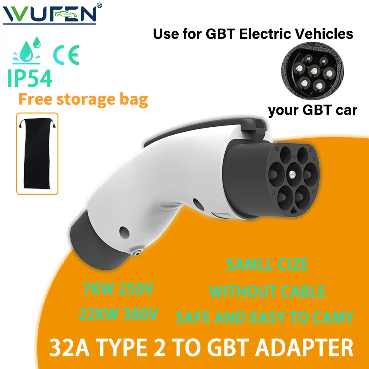 WUFEN 22 kW/7 kW IEC62196 Typ 2 auf GBT EV-Adapter Ladekonverter 220 V/380 V 32 A 1P/3P Typ2 GB/T Ladegerät-Konverter-Adapter Image