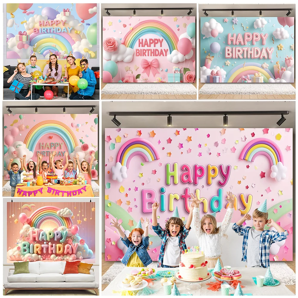 Bunter Ballon-Regenbogen-Thema, alles Gute zum Geburtstag, Party-Dekoration, Babyparty-Fotografie-Hintergrund für Feier im Freien und zu Hause Image