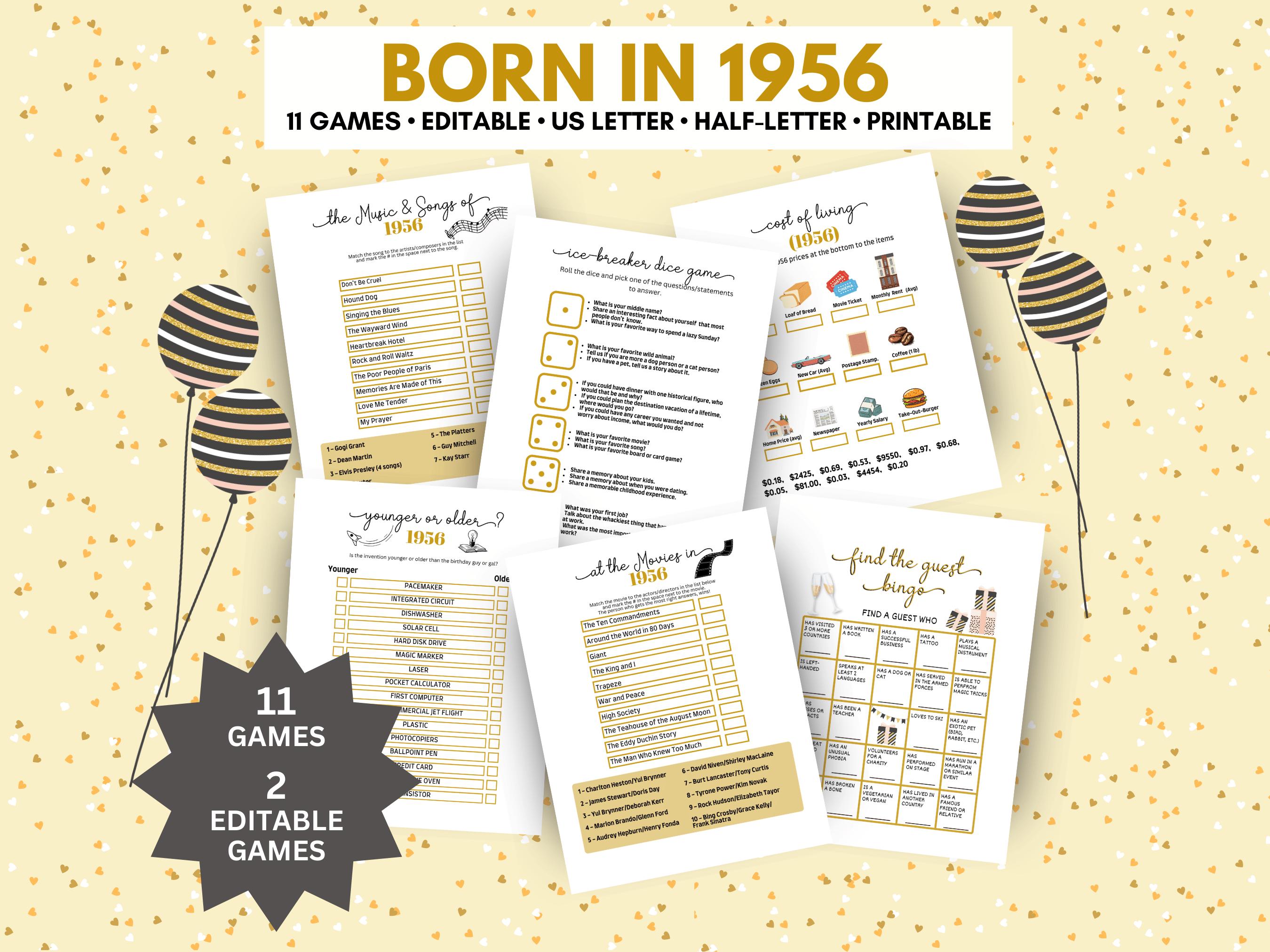 "Giochi per feste di 70o compleanno, pacchetto di giochi modificabili \"Nati nel 1956\", giochi per feste di 70o compleanno, giochi, giochi a quiz del 19"