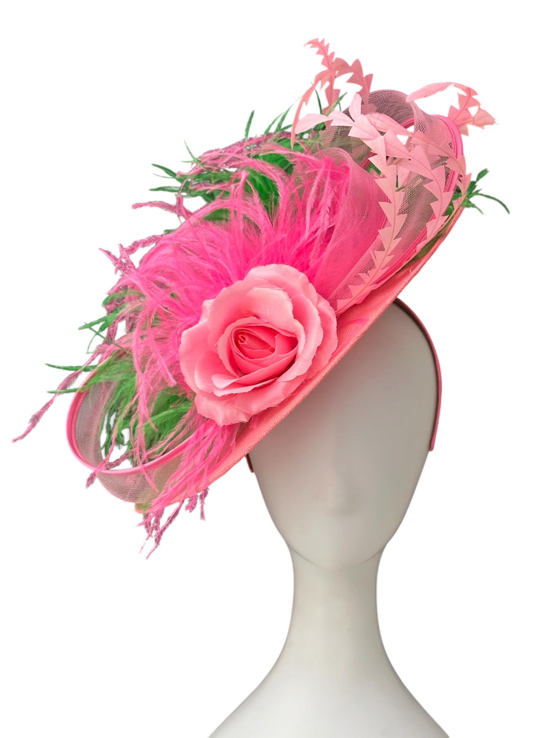 Cappello fascinator rosa e verde per il Kentucky Derby, cappello fascinator verde e rosa con piume, grande cappello fascinator rosa e verde per il Der