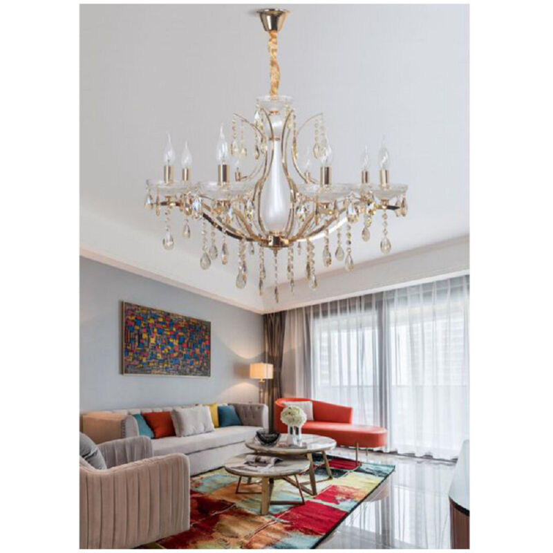 Lampadario A Sospensione Soffitto Classico 8 Bracci E14 Effetto Cristallo A60-8 - - Trade Shop Traesio