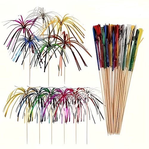 100 bunte Feuerwerksspieße mit Quasten, geeignet für Tischdekorationen, exquisite Fruchtspieße, ideal für Geburtstage, Unabhängigkeitstag, Vatertag, Muttertag, Abschlussfeiern, Kanada-Feiern Image