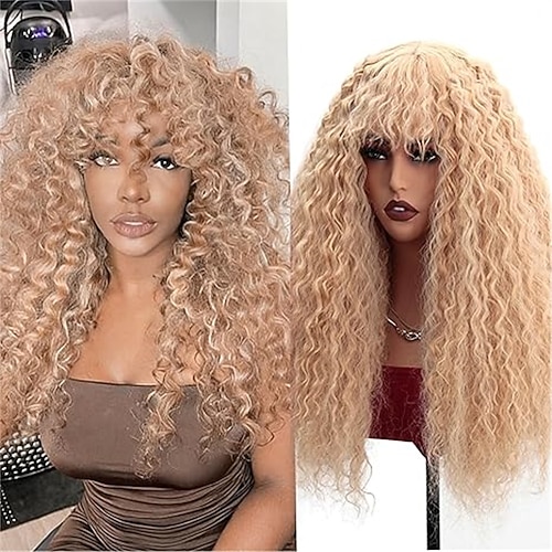 Lockige Perücken für schwarze Frauen: Natürliche, lange, lockige Afro-Perücke mit Pony, synthetische, krauslockige Haarersatzperücken für Cosplay und den Alltag. Image