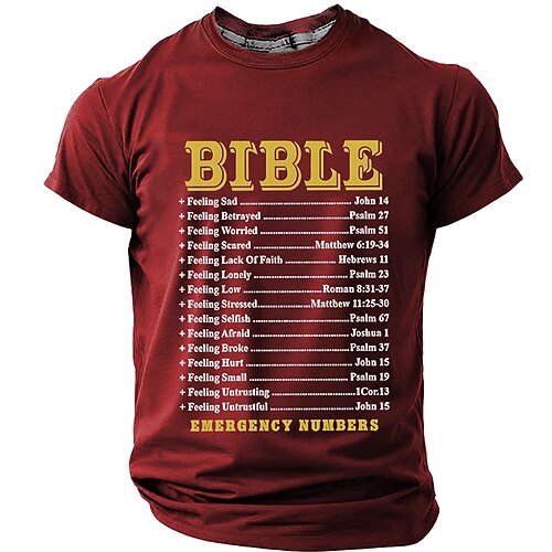 Herren-T-Shirt mit Bibelversen und Notrufnummern, christlichem Motiv, regulärer Passform, religiöser Inspiration, Designer-Kleidung, Größen S, M, L, XL, XXL, XXXL Image