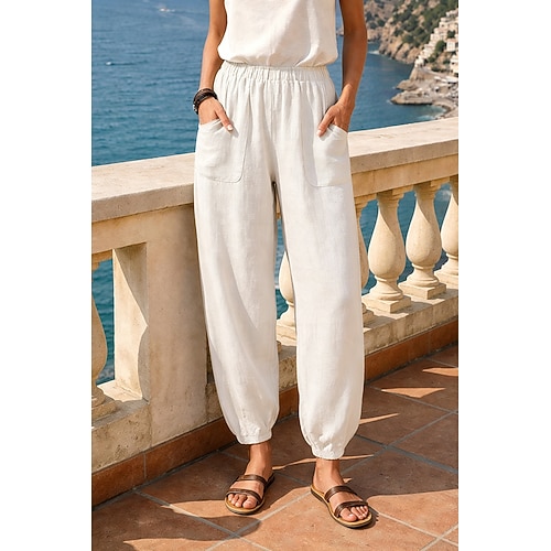 Damen 100% Baumwolle Baggy-Hosen Haremshose Urlaub Basic Komfort Lang Natürliche Taille Einfarbig Tasche Elastischer Bund Bequem Atmungsaktiv Unelastisch Täglich Lässig Grau Schwarz Weiß Armeegrün Image