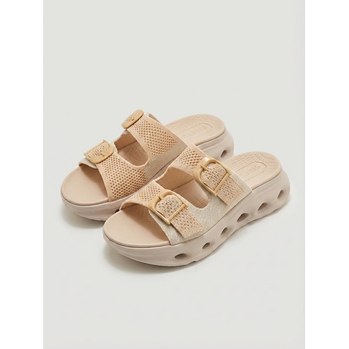 Schwarze Damen-Sandalen mit Doppelschnalle – atmungsaktive, gestrickte Sportsandalen mit Fußgewölbeunterstützung, bequeme, lässige Slipper für Sommer und Reisen Alltagskleidung Image