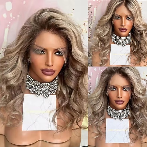 Ombré-Echthaarperücke, 5x5 Closure, 13x4 Lace Front, brasilianisches Haar, gewellt, aschblond, mehrfarbig, mit Babyhaaren/Balayage, natürlicher Haaransatz für Damen Image