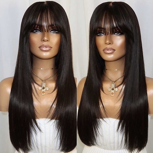 Brasilianische Echthaarperücke (5x5 Lace Closure, ohne Kleber), gestufter Haarschnitt, glatte 13x4 Lace-Front-Perücke mit Pony und natürlichem Haaransatz für Damen Image