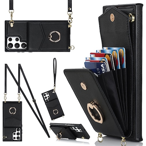 Handy Hülle Handyhüllen Für Samsung Galaxy S26 Ultra Plus S25 S24 S23 S22 S21 FE S21 Ultra Plus S20 A14 A54 Handtasche Brieftaschenhülle Ringhalter Anti-Diebstahl Mit Abnehmbarem Schultergurt TPU Image