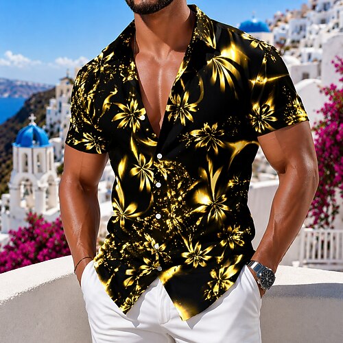 Herren Blumendruck Neonleuchten Blumen Sommer Hawaiihemd Tropische Hemden Alohahemd Kurzarm Hawaiianisch Strandurlaub Sommer Frühling Umlegekragen 3D-Druck Hemden mit Knopfleiste Blau Gelb Purpur Grün Image