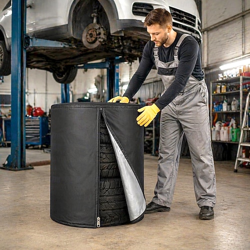 Reifenabdeckungen zur Lagerung, große, saisonale Reifenlagerabdeckung, wasserdichte Winterreifensäcke für den Außenbereich mit praktischer Aufbewahrungstasche, wetterfeste Reifenstapelabdeckung (für 4 Image