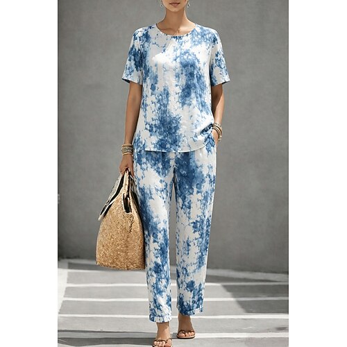 Damen Baumwoll-Leinen-Sets Kurzarm Rundhalsausschnitt Grafik Tupfen Elegant Bohemien Aktiv Lässig Täglich Blau Schwarz Orange Sommer Normale Passform