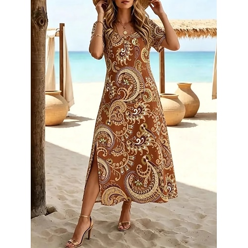 Damen Maxikleid A Linie Kleid Lässig Strand Normale Passform Grafik Paisley-Muster Kurzarm Rundhalsausschnitt Dunkelbraun Leicht Braun Sommer Frühling Image