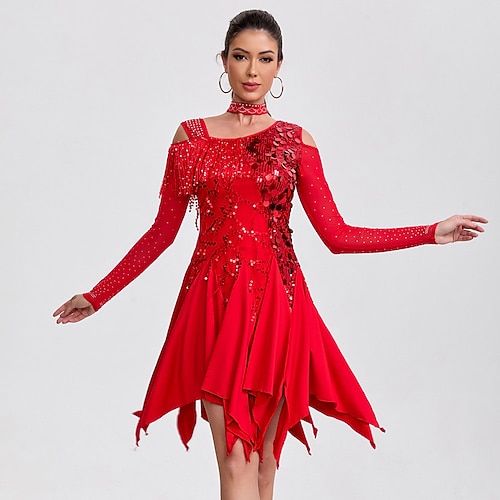 rotes Paillettenkleid für Damen, lateinamerikanischer Tanz, schulterfrei, langärmelig, Ballsaal-Turnierkleid Image