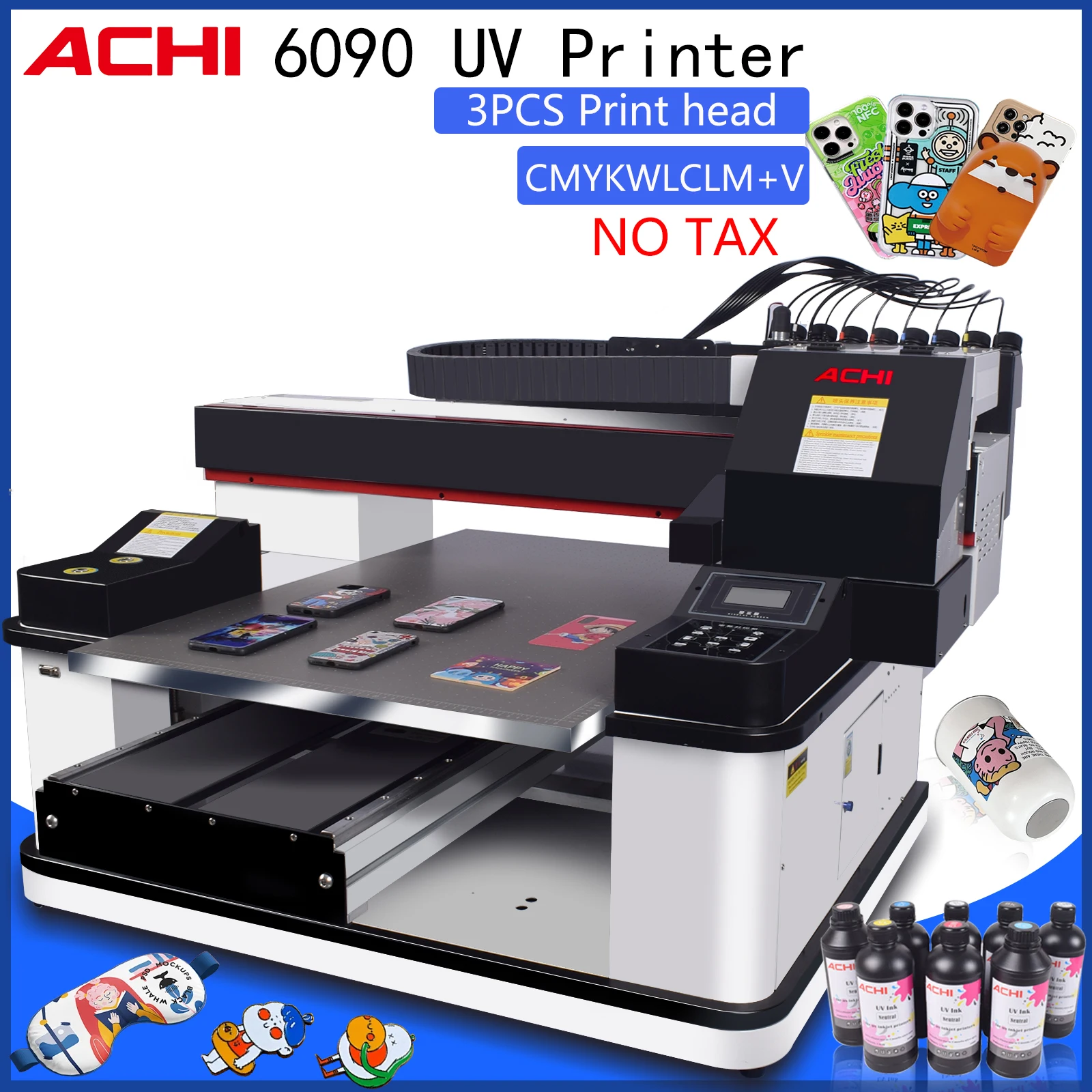 Stampante UV Flatbed Formato A1, Macchina per Stampa UV con 3 Testine XP600 per Metallo, Acrilico, Legno, Vetro, Bottiglie, Cover per Telefoni, PVC