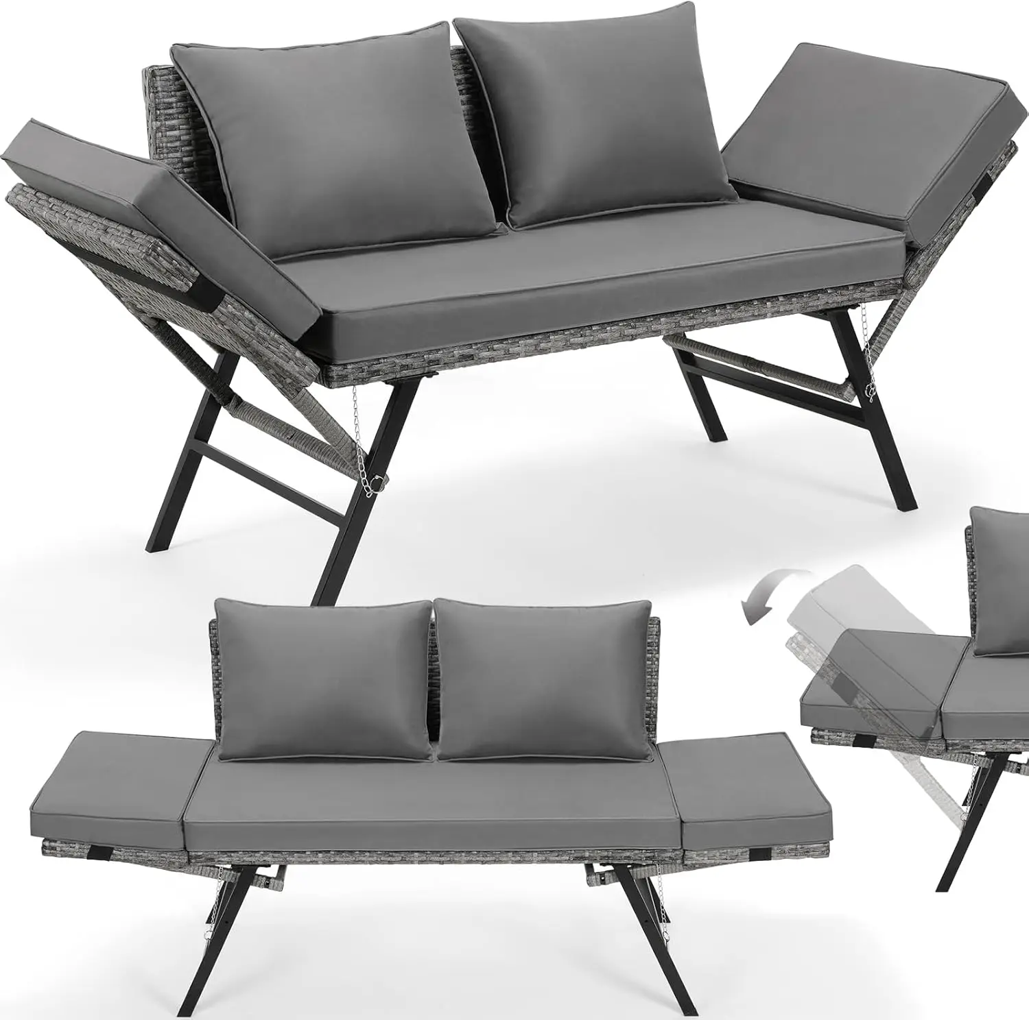 Banc de jardin en polyrotin, canapé de jardin, mobilier de jardin, avec accoudoirs réglables, résistant aux intempéries, charge maximale 50 kg, pour terrasses, balcons, piscines