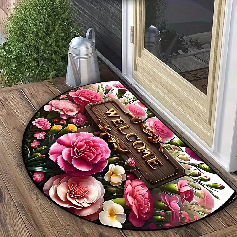 Carnation Half Round Welcome Carpet Daisy Rose Printed Carpet Living Room Bedroom Kitchen Entrance Decoration Carpet