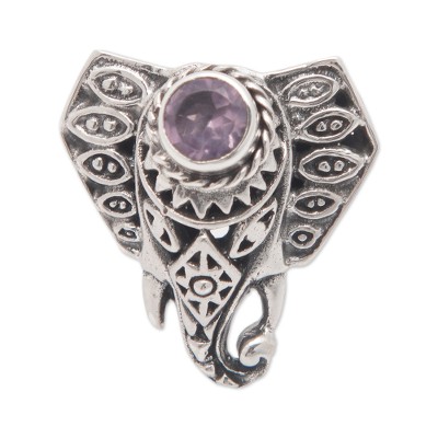 'Silver & Amethyst Ring of Elephant-Headed Hindu God Ganesha'