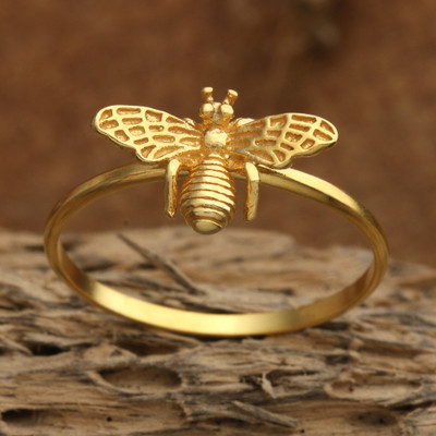 Queen Beeuty,'Polished 18k Gold-Plated Queen Bee-Themed Cocktail Ring'