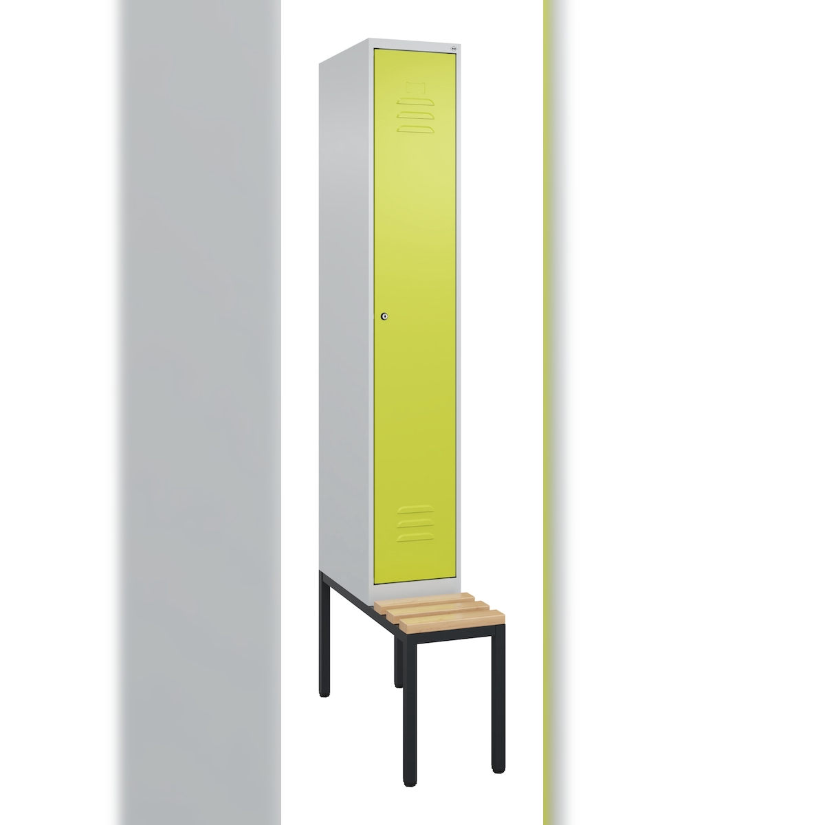 C+P Spind Classic PLUS, Buche untergebaute Sitzbank 1 Abteil, HxBxT 212x30x82cm, Zylinderschloss, Hellgrau/Clowngrün von PROREGAL Image