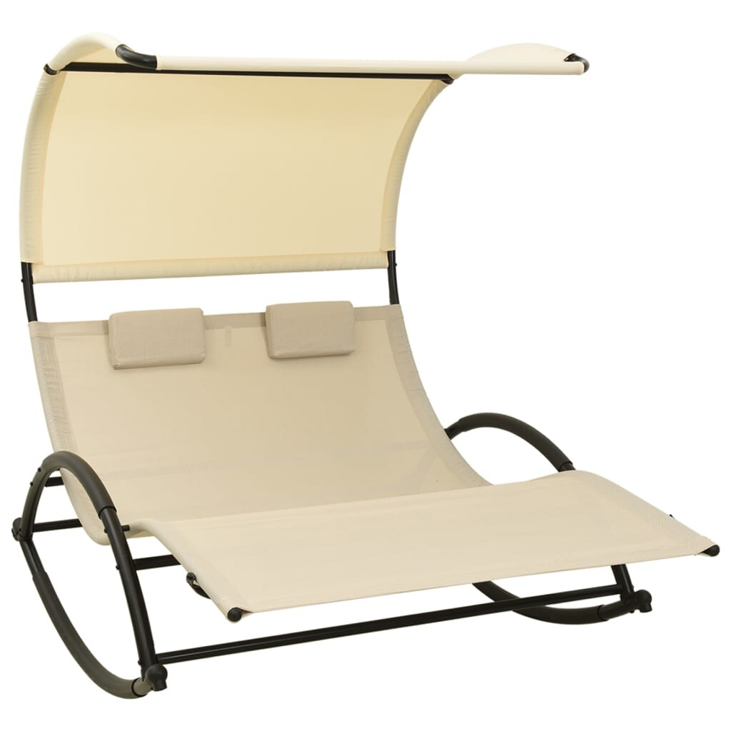 Helloshop26 - Sonnenliege Deckstuhl Sonnenbett Gartenbett Terrassenmöbel Doppel-Gartenmöbel mit Sonnendach cremefarbenes Textilene 02_0012720 Image