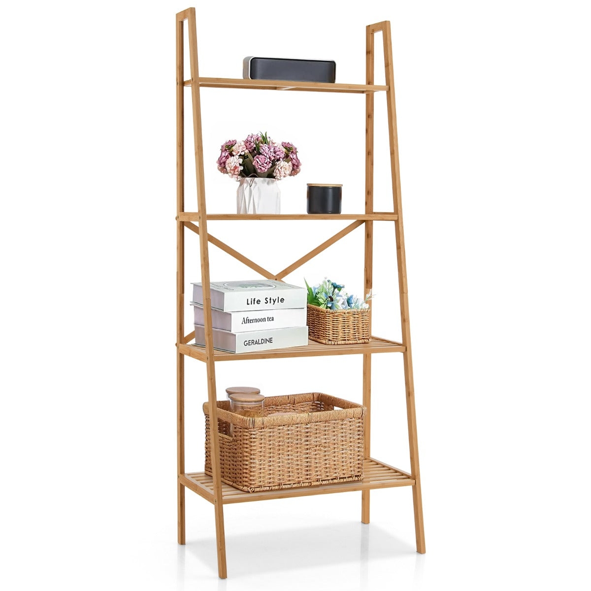Helloshop26 - Leiterregal 60 x 35,5 x 148 cm mit Kippsicherung rustikaler Stil Naturbambus 20_0014999 Image
