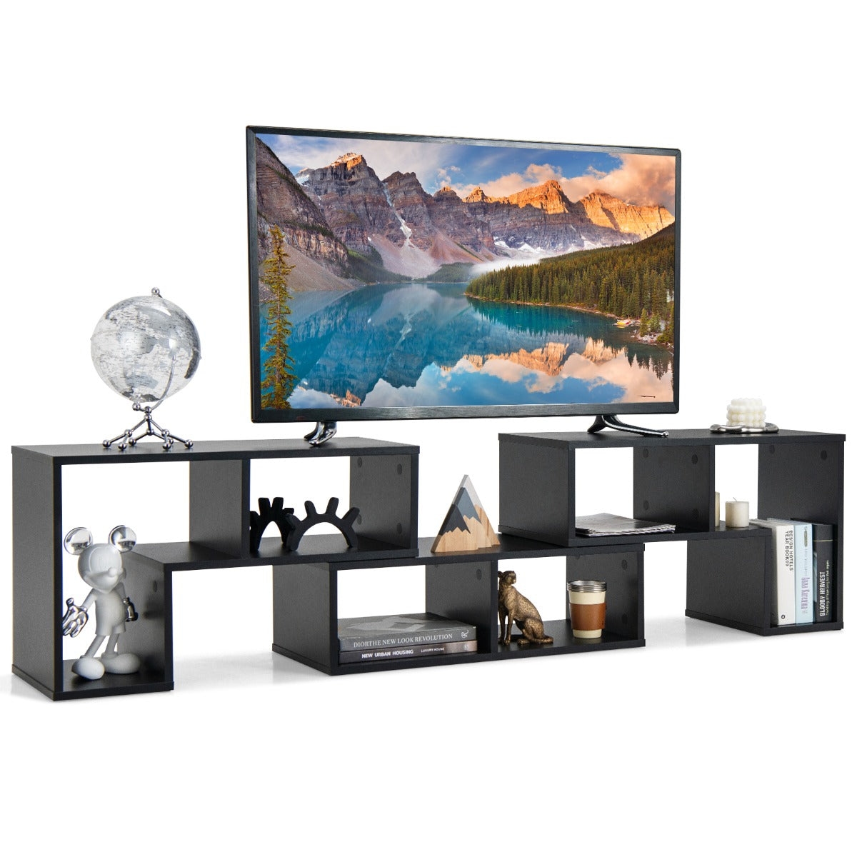 Helloshop26 - 3-teiliges TV-Möbel 134–180 x 30 x 43 cm für Fernseher bis 165 cm mit 6 Fächern modernes Design aus schwarzem MDF 20_0019204 Image