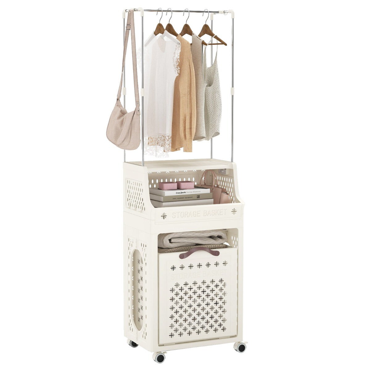 Helloshop26 - Rollbarer Wäschekorb kippbar und abnehmbar 40 x 29,5 x 136 cm mit mehreren Staufächern und 4 Rollen beige PP 20_0017028 Image
