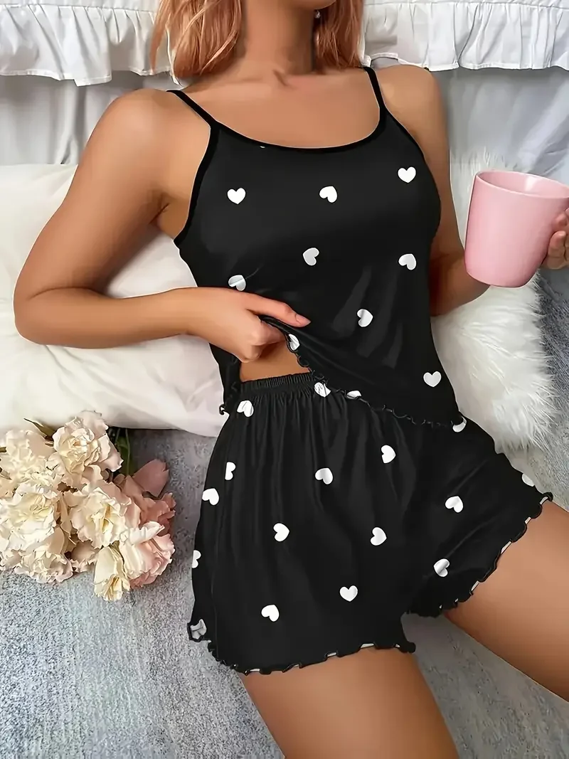 5 Größen S M L XL 2XL Damen Zweiteiliges Set mit Trägertop und Shorts, Weiß mit Herz-Print, Lässiges Bedrucktes Pyjama-Set für Frauen