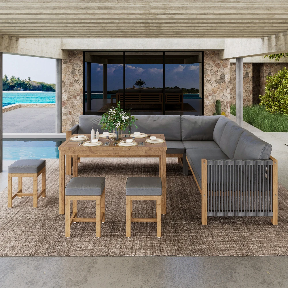 Polyrattan Gartenmöbel-Set mit Kissen Ecksofa Outdoor Patio Balkon Lounge für 7-8 Personen 1 Tisch & 3 Hocker Kombi