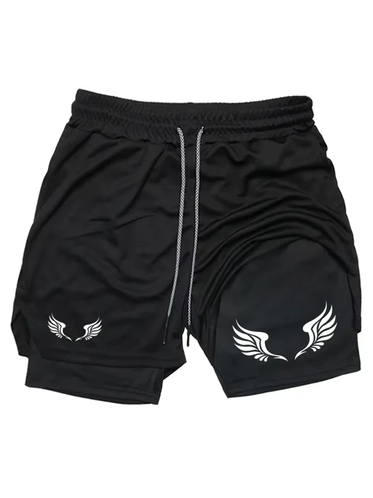 Herren-Shorts mit Engelsflügel-Grafik, 2-in-1-Shorts, schnell trocknende, doppellagige Gym-Workout-Laufshorts für sportliche Fitness, WX065 Image