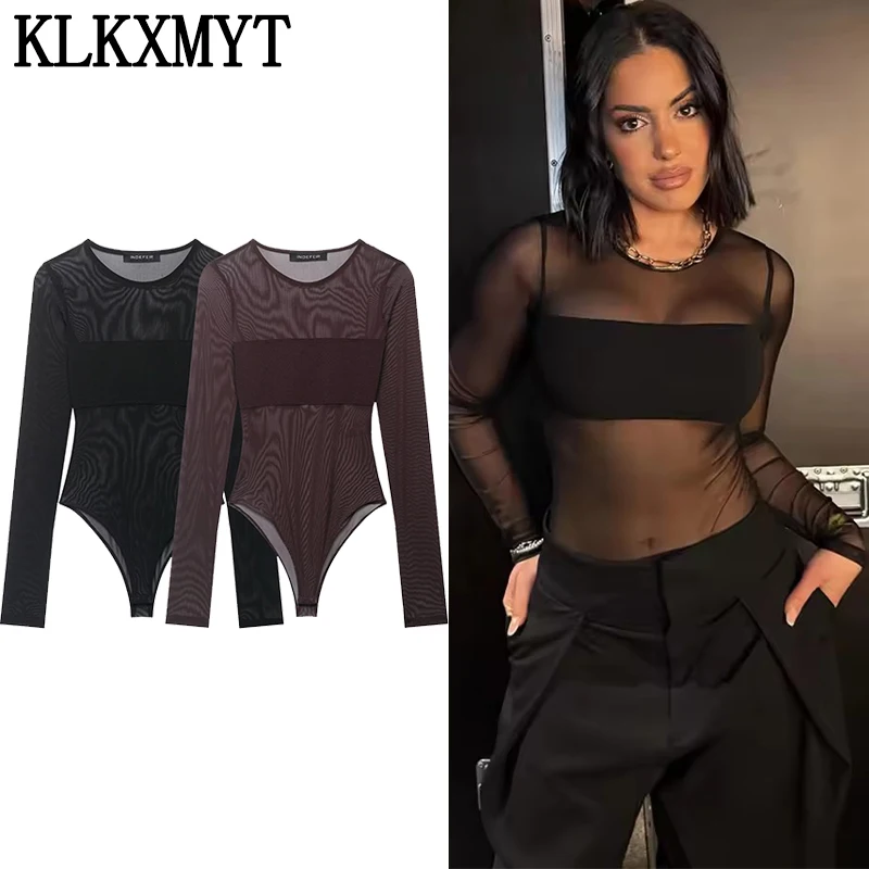 KLKXMYT Schicker, sexy, durchsichtiger, kurzer Tüll-Jumpsuit für Damen, langärmelig, O-Ausschnitt, schlanker, eleganter Jumpsuit, weiblicher Strampler, Tops ﻿ Image