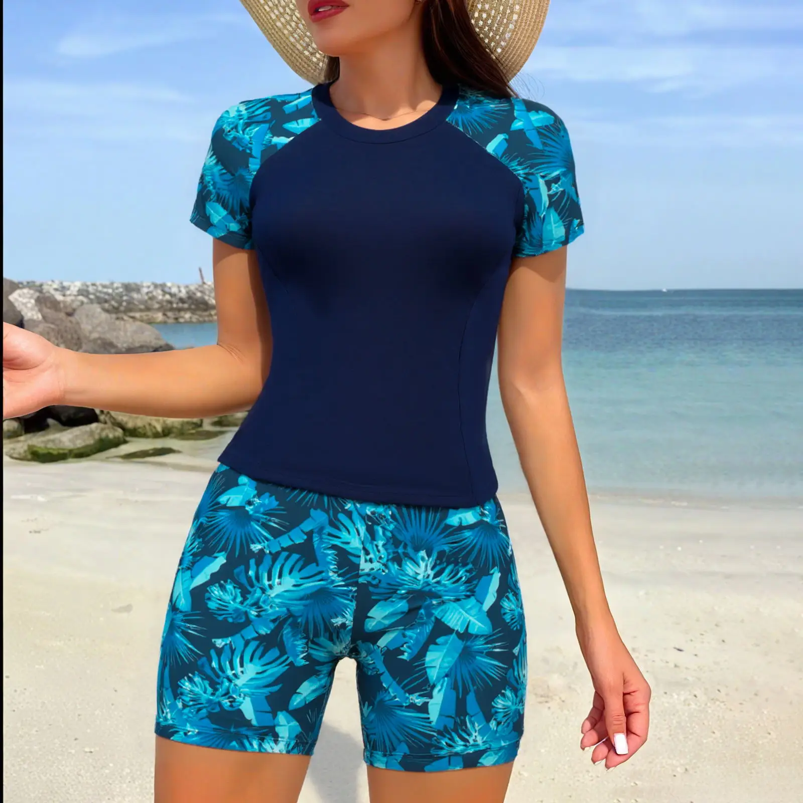 2026 Tankini mit kurzen Ärmeln, 2-teilige Badebekleidung, weiblich, bedruckt, Badeanzug für Damen, Badegäste, Schwimmen, Badeanzug, Strandmode Image