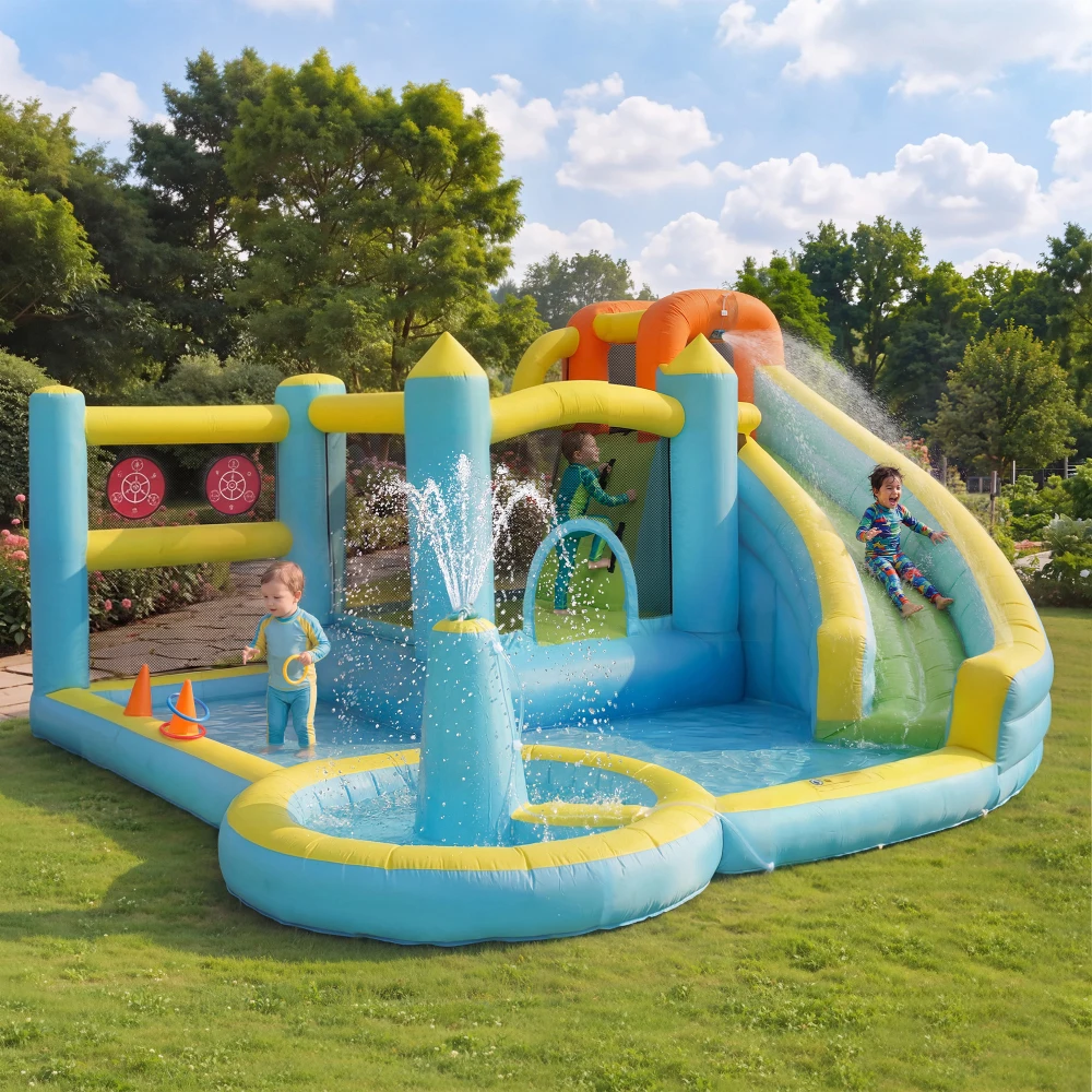 Aufblasbarer Wasserpark für Kinder mit Hüpfburg, Wasserrutsche & Planschbecken, Outdoor-Garten-Wasserspielset mit Luftgebläse Image