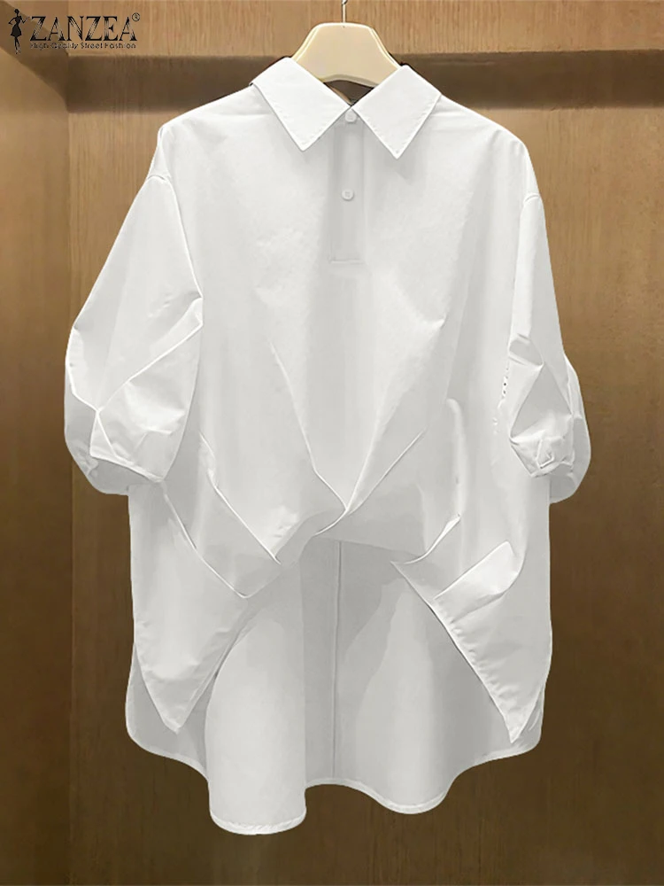 Camicie asimmetriche alla moda 2025 ZANZEA Camicetta autunnale Donna Collo con risvolto Manica a 3/4 Top Donna Solid OL Lavoro Blusas Tunica a pieghe