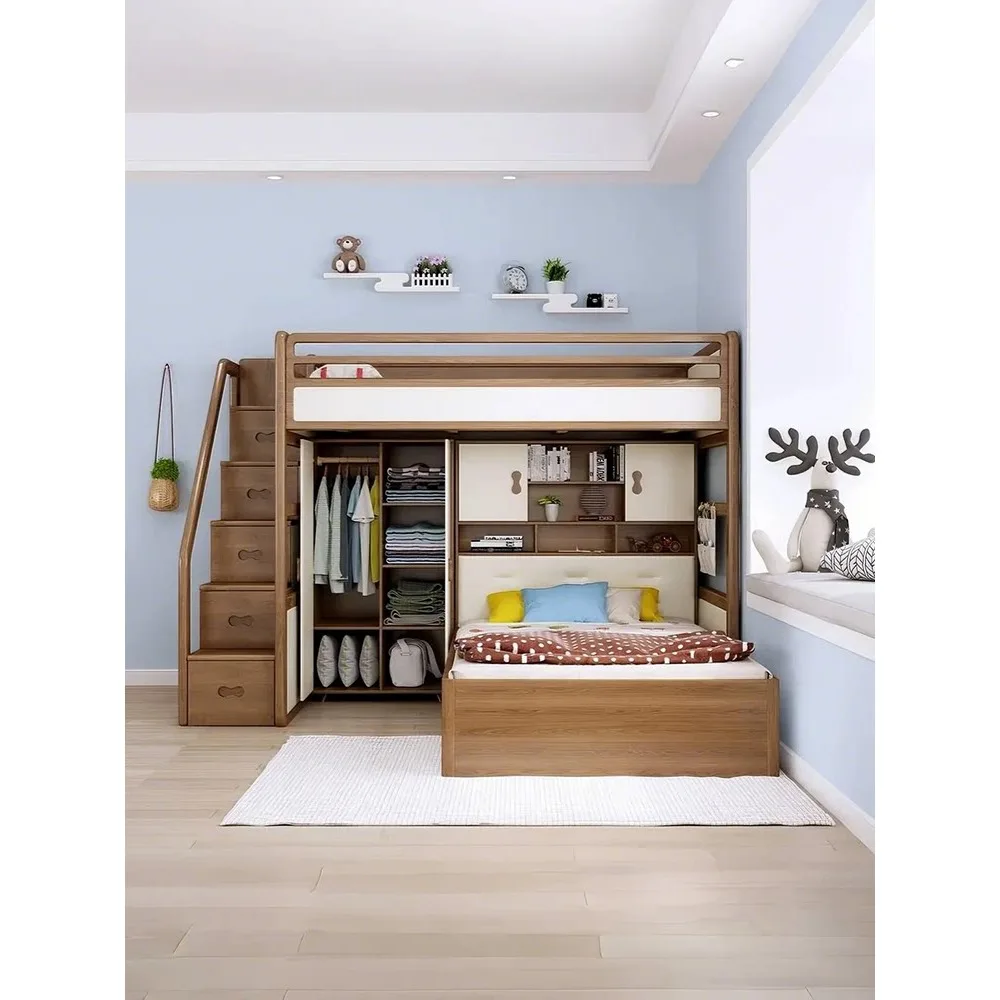 Platzsparendes Massivholz-Etagenbett, Hochbett mit Schreibtisch & Kleiderschrank Multifunktionales Studierbett für Erwachsene
