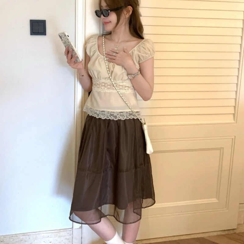 Deeptown Vintage Braune Mesh-Röcke für Damen, eleganter Harajuku Y2k-Kurzrock im japanischen Stil, Retro-Sommer-Streetwear-Miniröcke Image