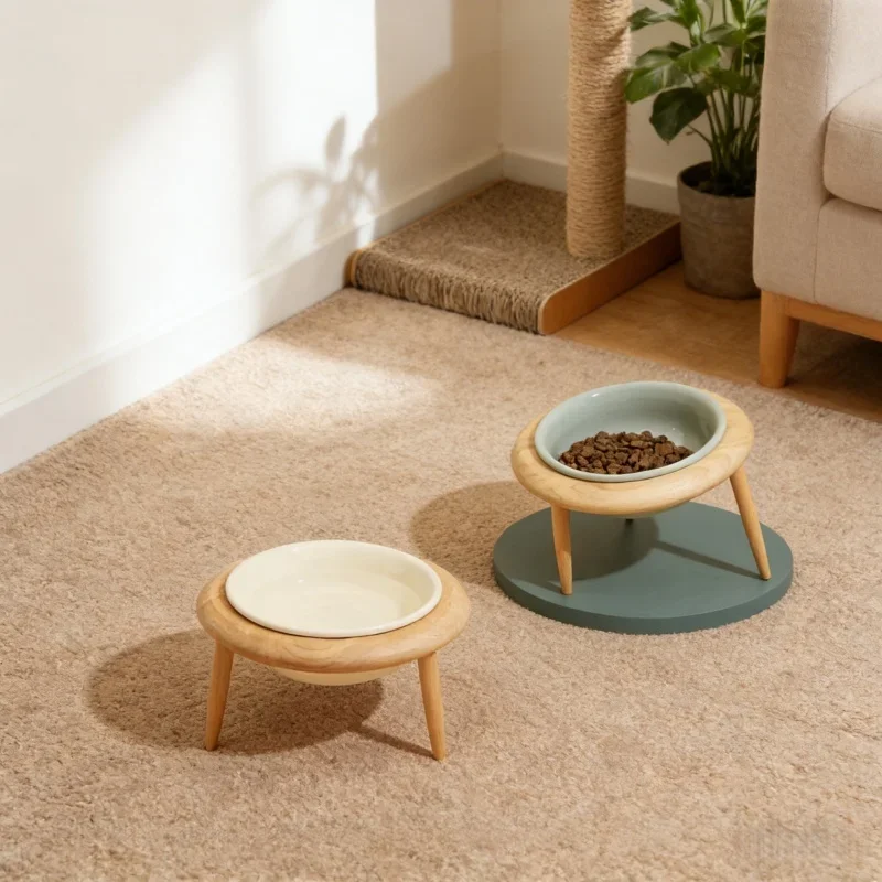 800ml Keramik-Futter- und Wasserschüssel mit Holzständer, Erhöhter Futternapf für Kleine und Mittlere Hunde und Katzen, Trink- und Esszubehör für Haustiere Image