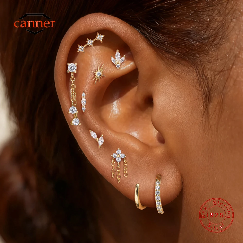 CANNER 1 Stück 925 Sterling Silber Achtzackiger Stern CZ Flachkopf-Piercing Knorpel-Ohrstecker für Damen Ins Ohrring Geschenk Image