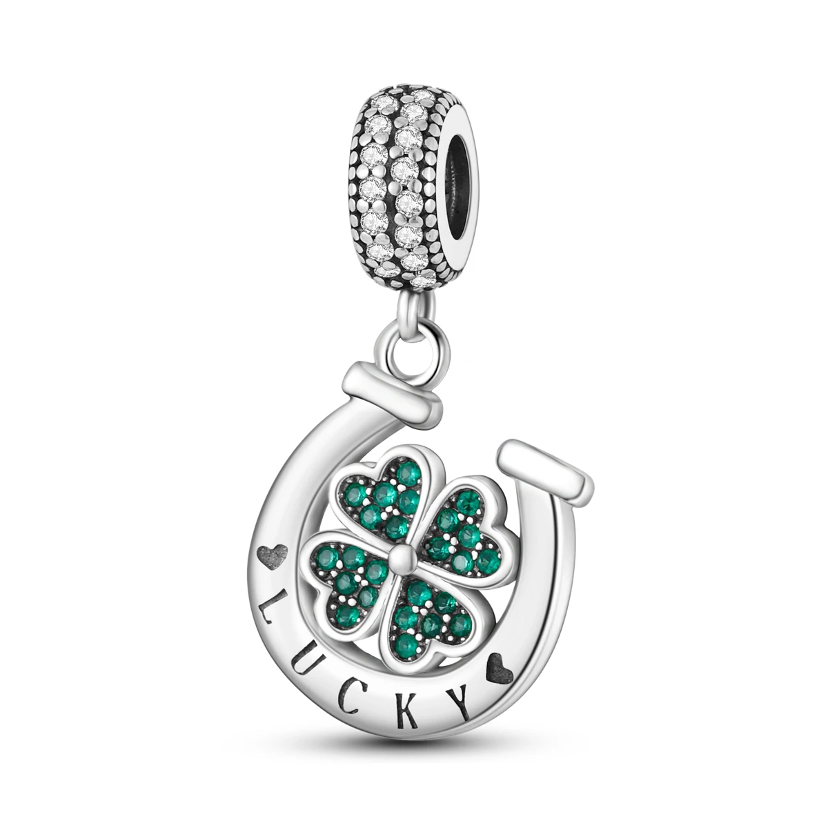 925 Sterling Silber Hufeisen-Kleeblatt-Anhänger mit grünen Zirkonia, passend für Armbänder und Halsketten, Glücksbringer-Schmuckgeschenk für Damen Image