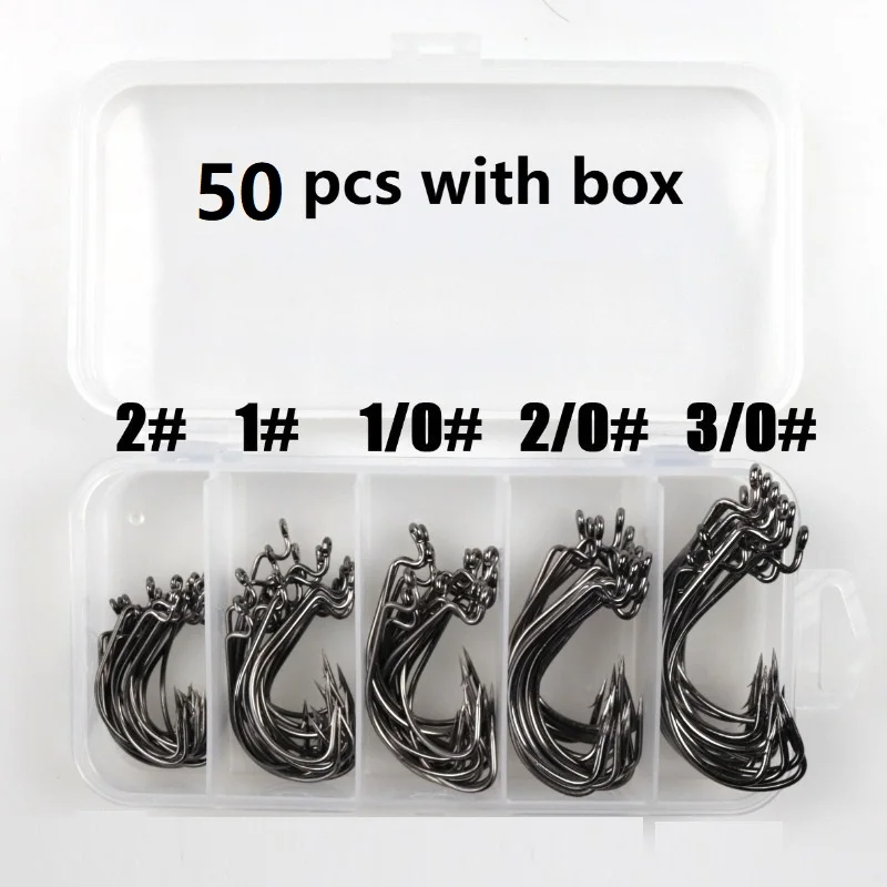 50-teiliges Angelhaken-Set in Box 2 # 1 # 1/0 # 2/0 # 3/0 # Hochkarbon-Edelstahl Wide-Gap-Offset-Angelhaken für Weichköder, Meeresangelhaken, Jig Image