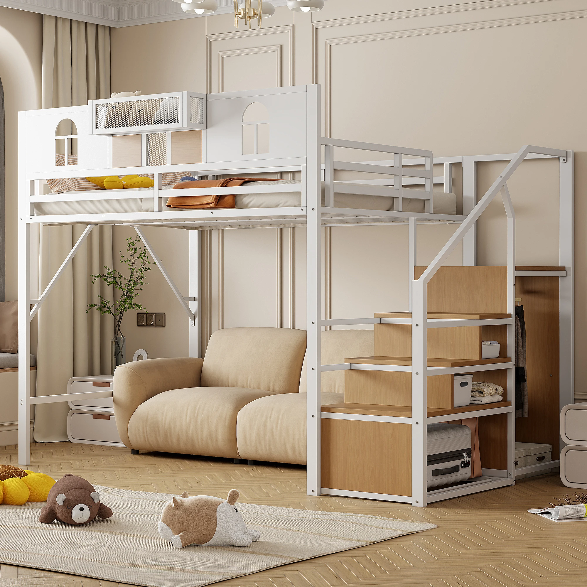 Hochbett 140x200 Jugendbett ohne Matratze mit einzigartige Erhöhte Umzäunung,Kindebett mit Stauraumleiter und Fenster Image