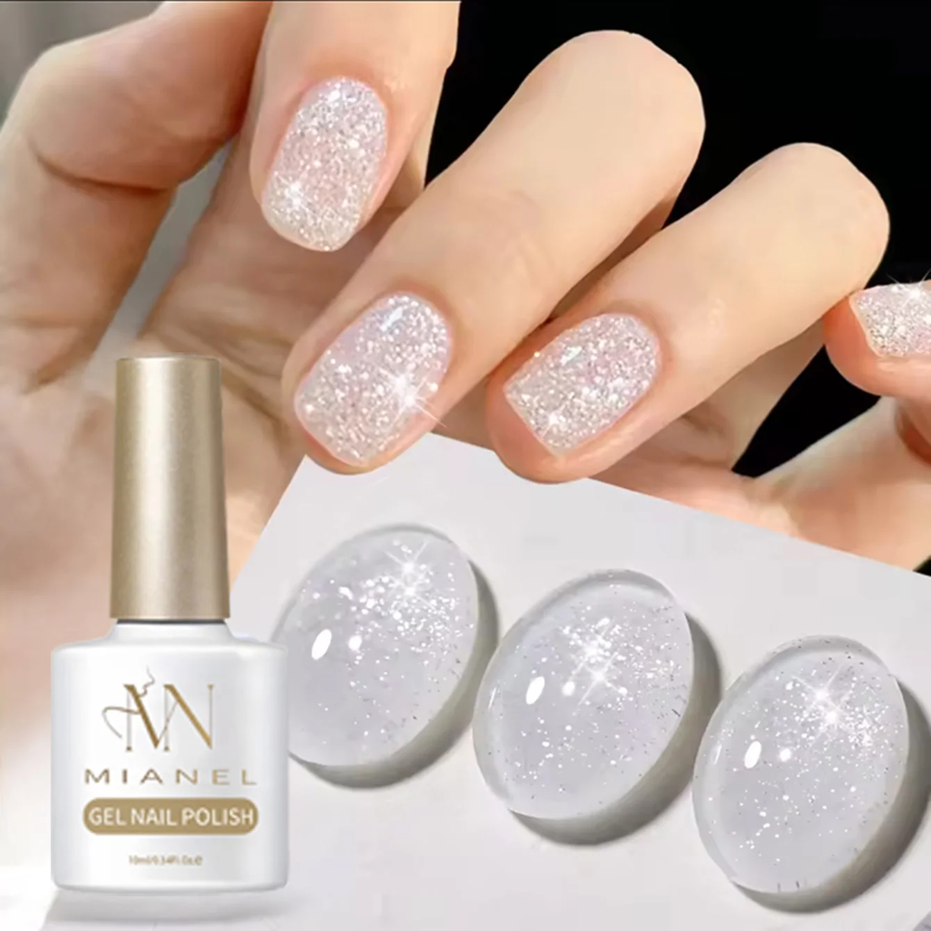 MAINEL 10ML 1 Stück Weißes Nagellack-Gel mit heiß begehrtem glitzerndem weißem Mondlicht-Strass-Gel und silbernem Strass-Glitter Image