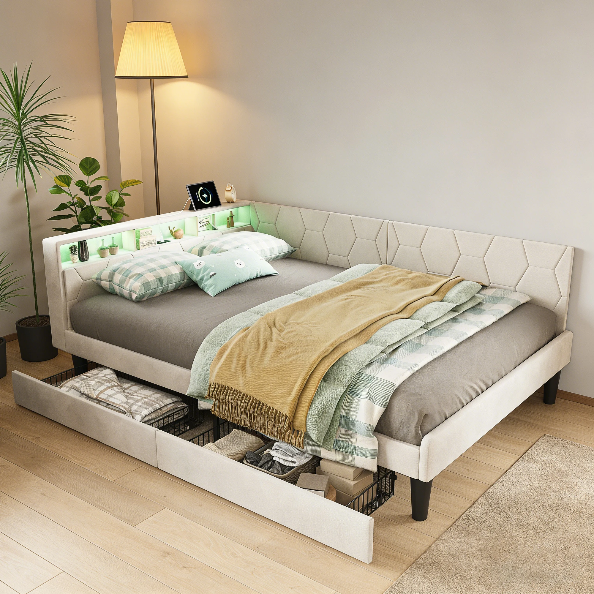 Gepolstertes Schlafsofa 90/140 x 200 cm mit LED-Beleuchtung und USB-Anschluss, Jugendbett mit 2 Schubladen, Samt, Beige/Grau Image