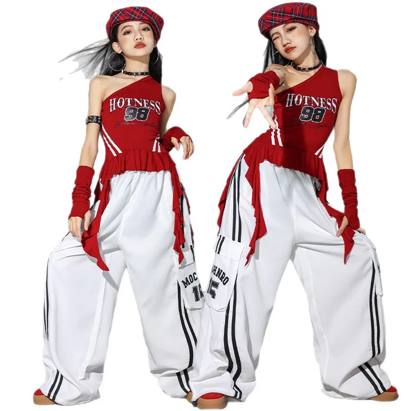Hip Hop Mädchen One-Shoulder Crop Top ‌ Ballonrock Cargohose Kinder Streetwear Mädchen Gruppenkostüme Kinder K-Pop Kleidungssets