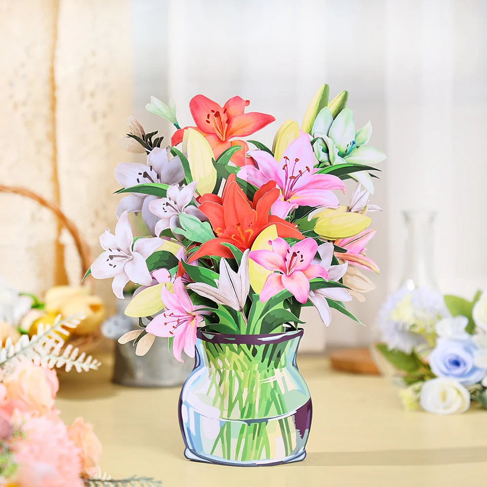 Mehrfarbige 3D-Grußkarte mit Lilienstrauß, geeignet für Geburtstage, Jubiläen und andere Anlässe Image