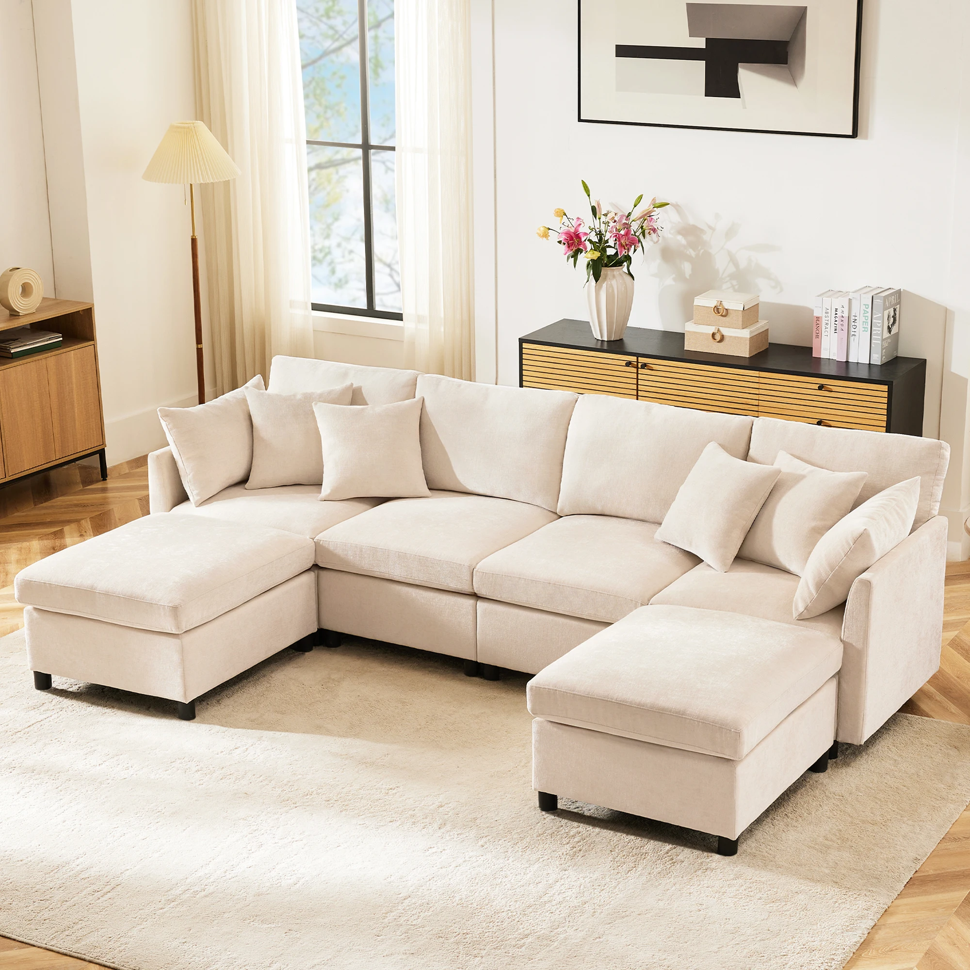 U-förmiges Sofa, modulares Sofa,Modernes Sofa aus Chenille-Stoff mit abnehmbarem Fußhocker,