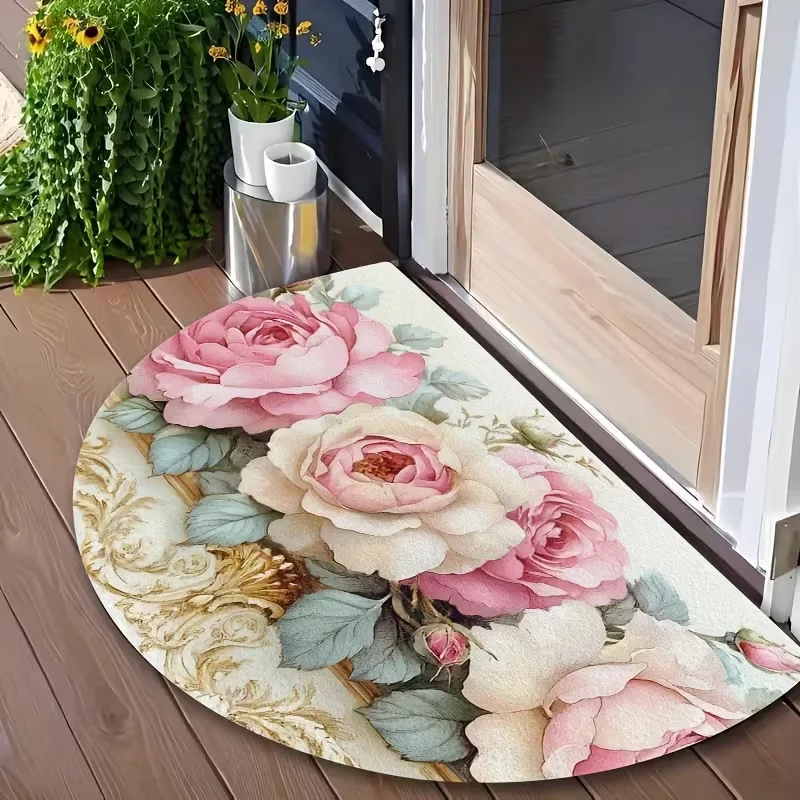 Halbrunde Fußmatte im Vintage-Stil mit Aquarell-Motiv, rosa Rose, eleganter Eingangsteppich mit Blumenmuster, Vintage-Teppich mit romantischen Blumen für die Haustür