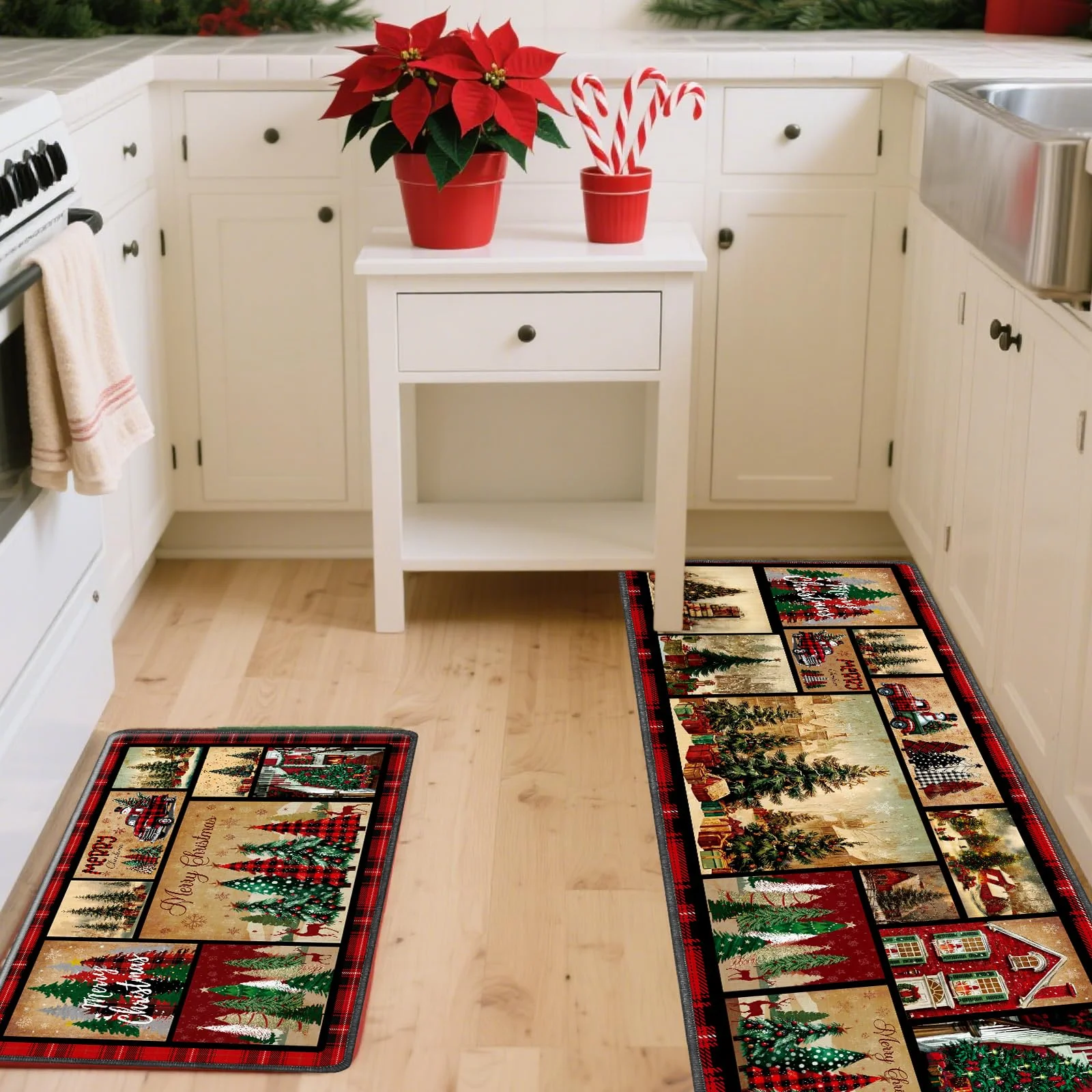VIKAMA 2-teiliges Weihnachtsteppich-Set im amerikanischen Stil, rutschfeste Küchenmatten, Heimdekoration, Teppiche für Wohnzimmer und Schlafzimmer, Heimtextilien Image